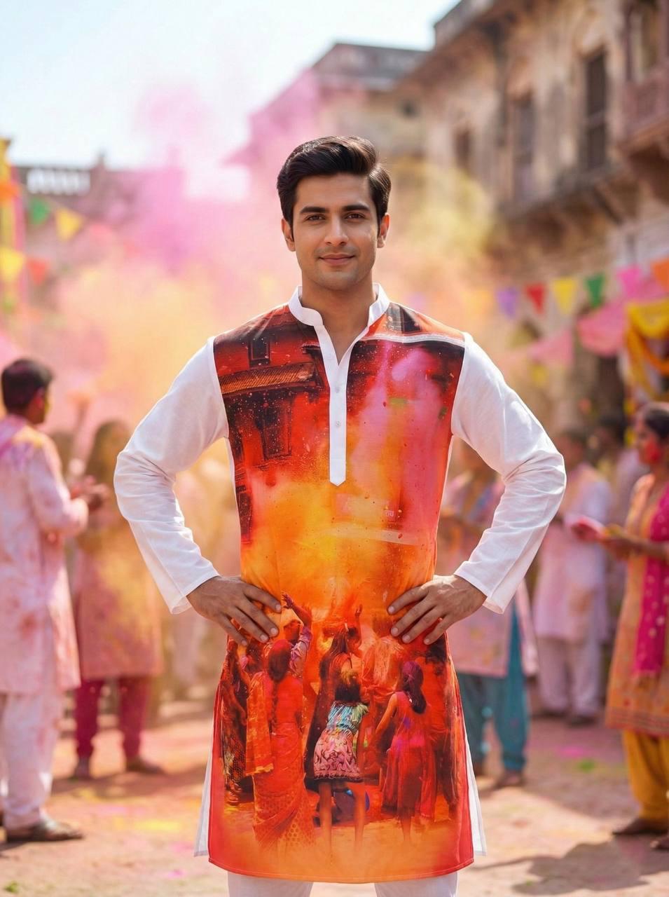 Holi Print Couple Kurta Combo
