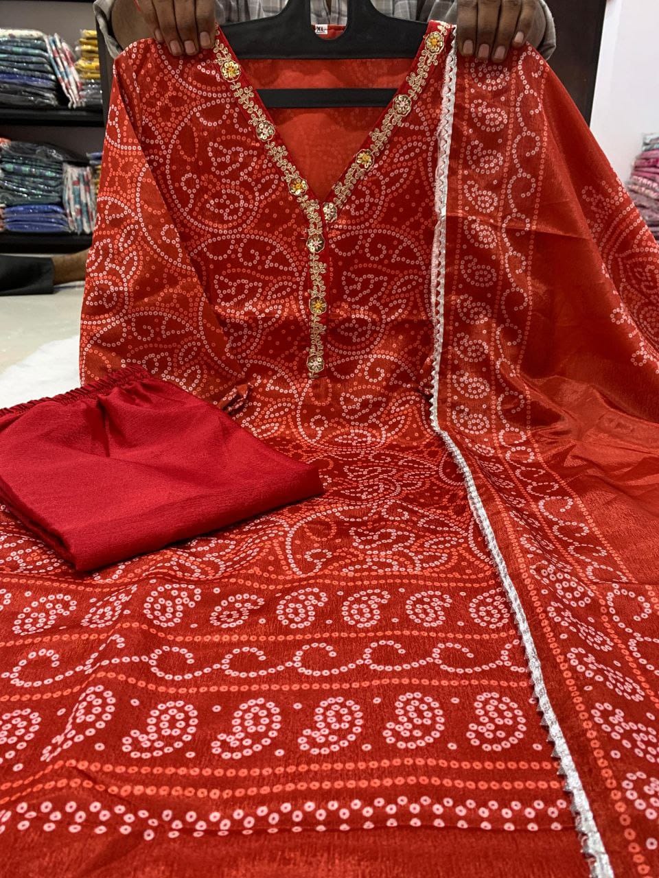 Bandhani Chinon Silk Readymade Kurti Sets