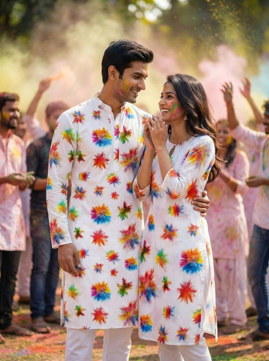 Holi Print Couple Kurta Combo