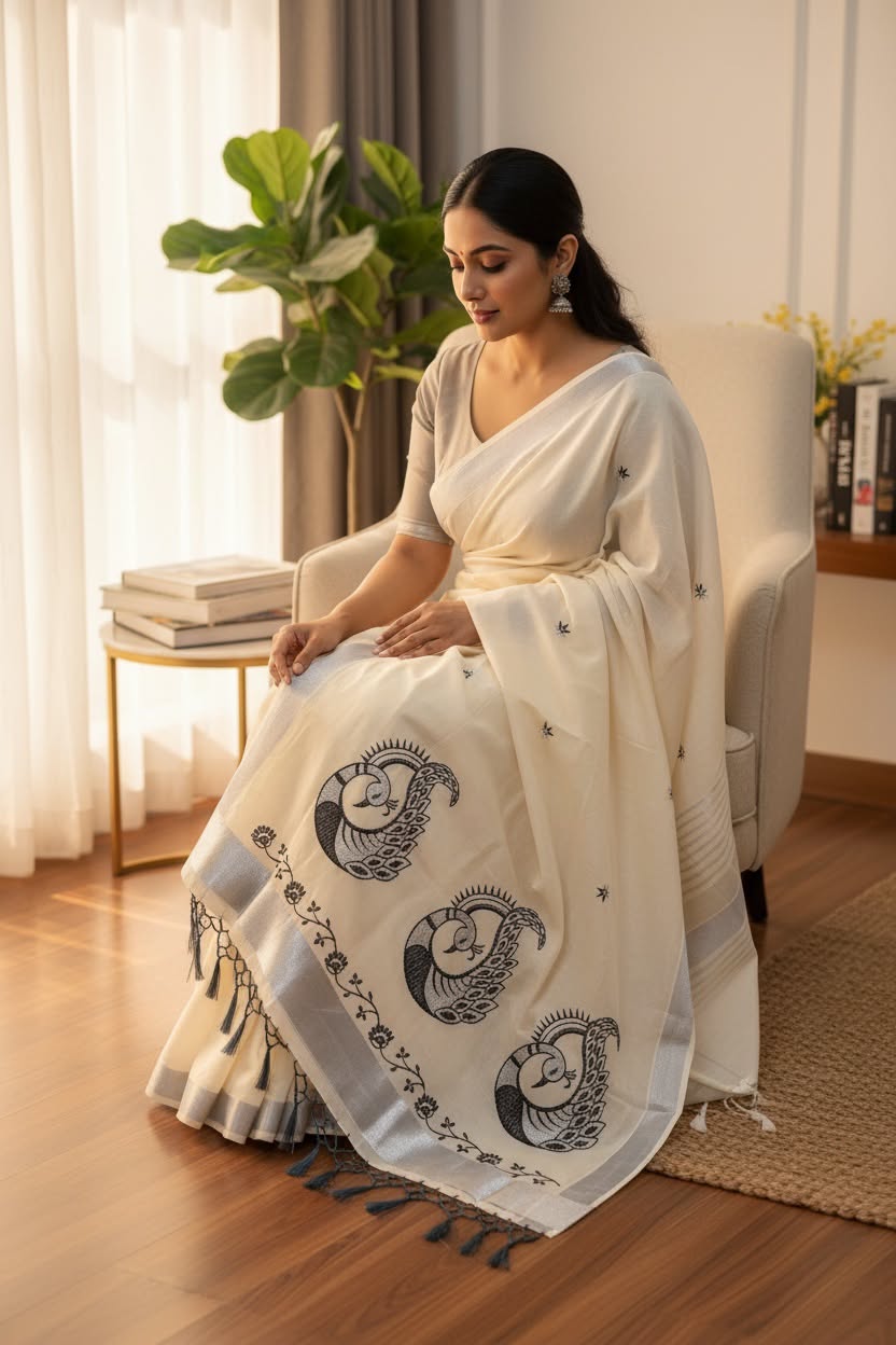 Kerala Saree with Embroidery in Silver Zari