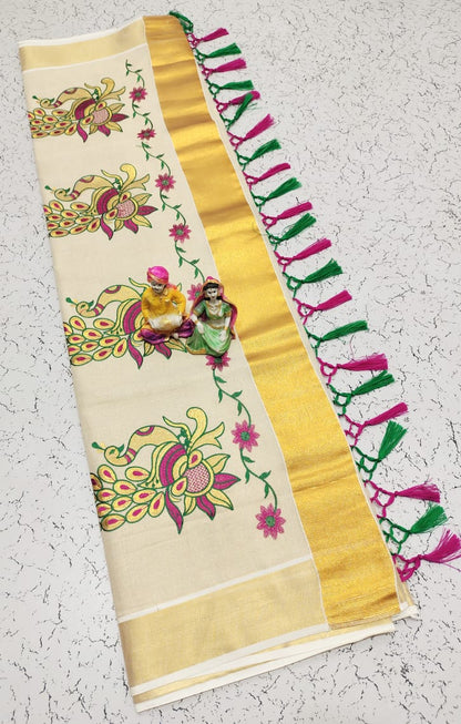 Kerala Saree with Embroidery in 
Golden Zari