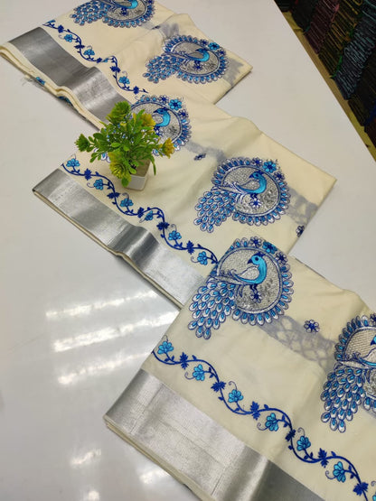 Kerala Saree with Embroidery in Silver Zari