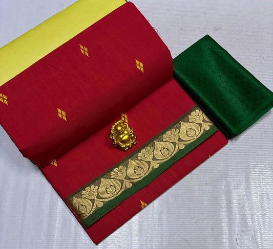 Chettinad Poly Cotton sarees with Kalamkari Blouse bit