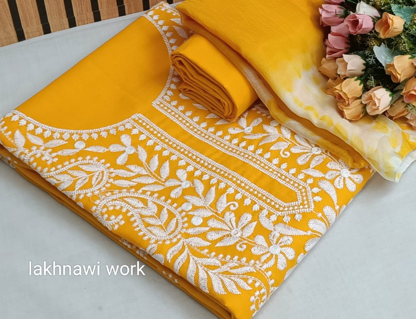 Cotton Silk Lucknowi Dress Materials