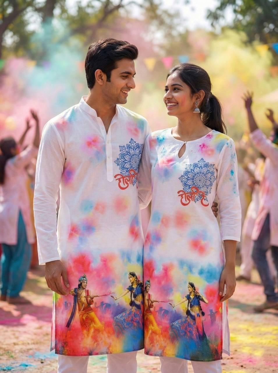 Holi Print Couple Kurta Combo