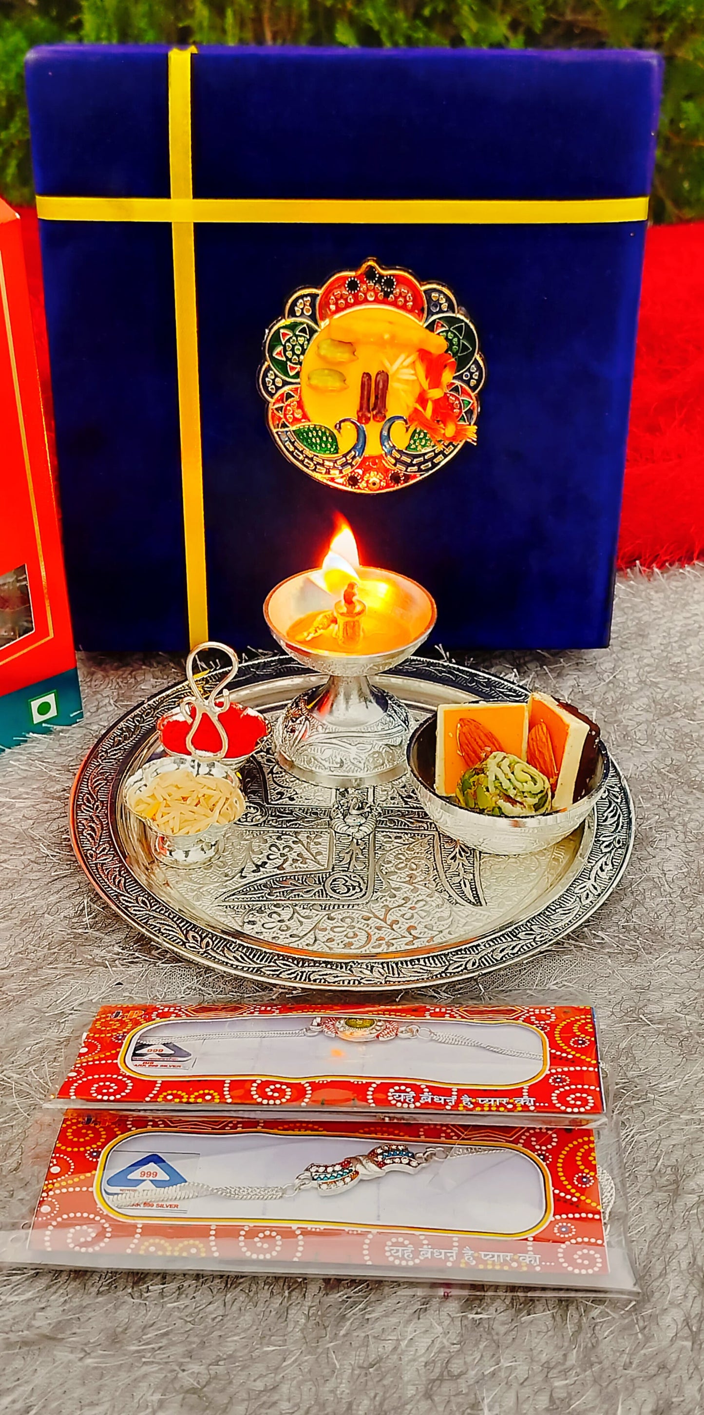 German Silver Rakhi Aarti Thali Combo