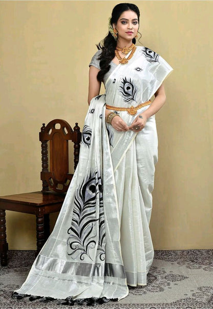 Kerala Saree with Embroidery in Silver Zari