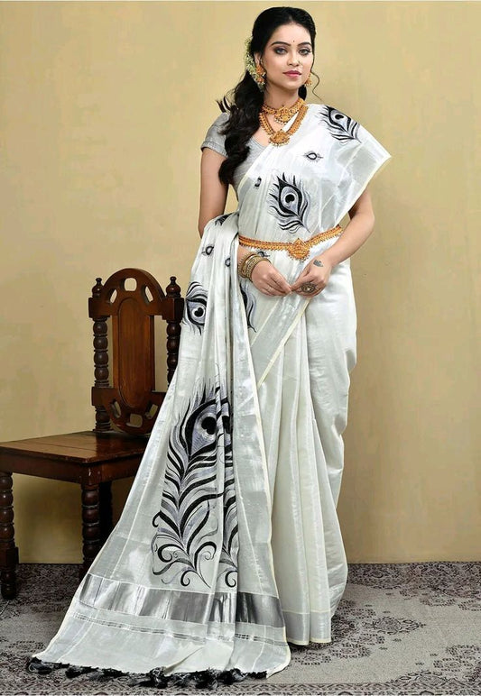 Kerala Saree with Embroidery in Silver Zari