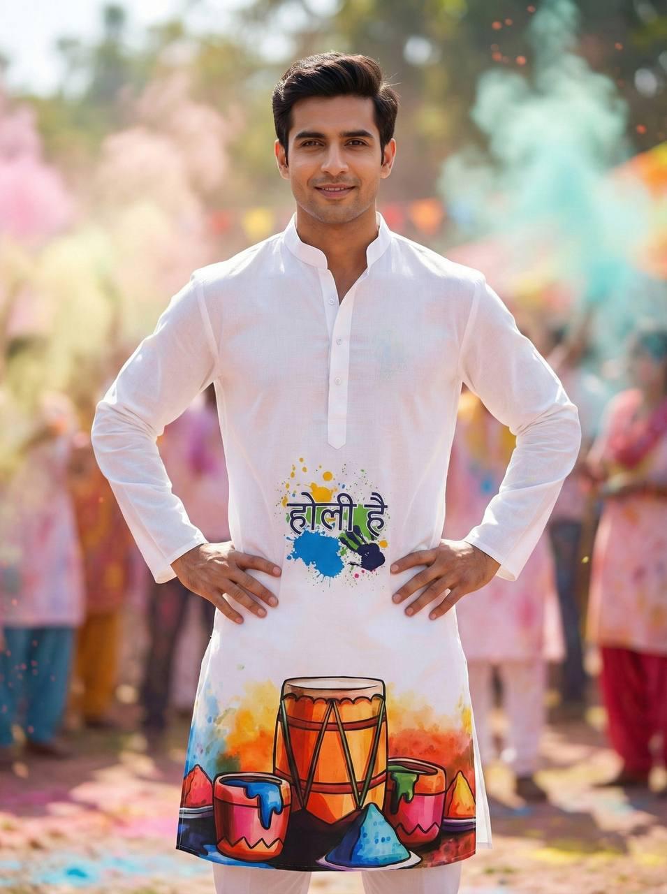 Holi Print Couple Kurta Combo