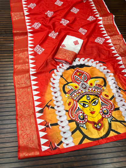 Durga Puja Themed Litchi Silk Sarees