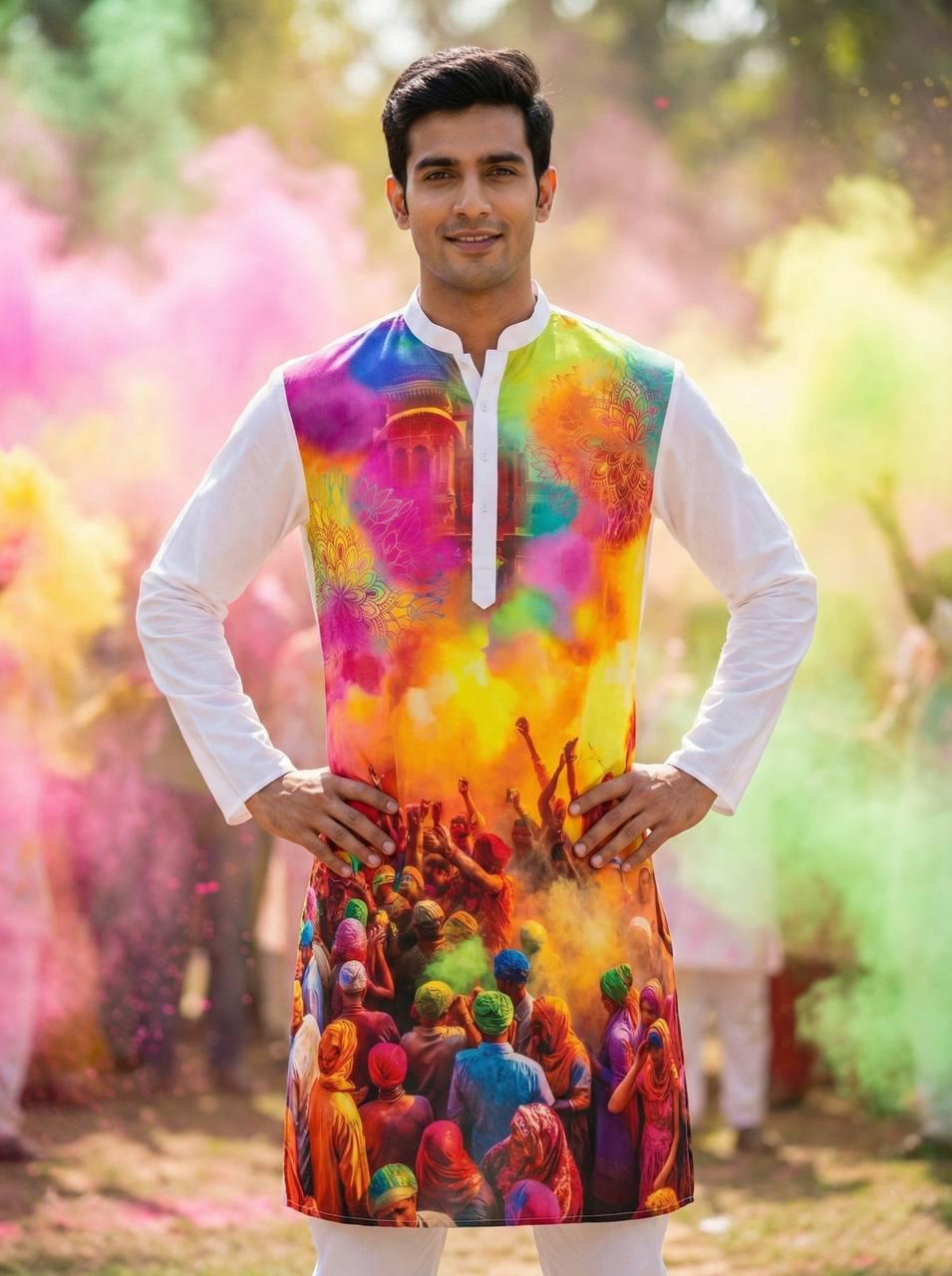 Holi Print Couple Kurta Combo