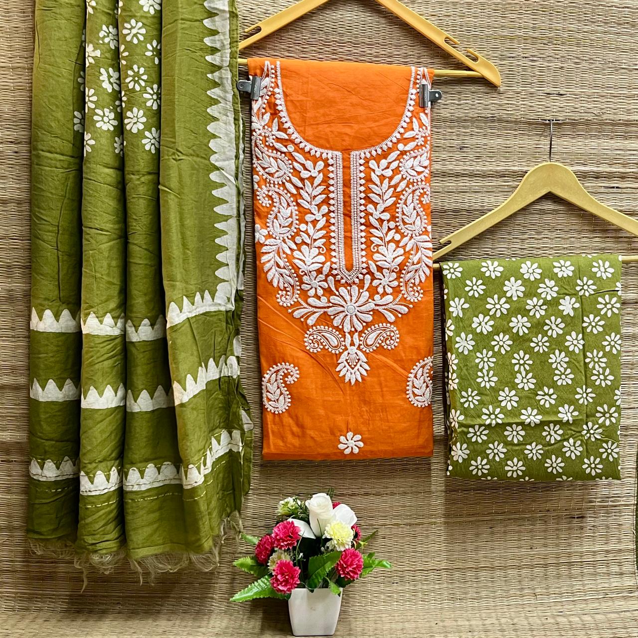 Cotton Silk Lucknowi Dress Materials