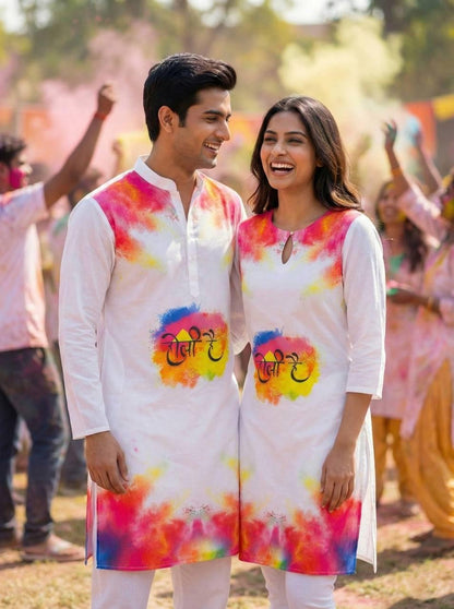 Holi Print Couple Kurta Combo