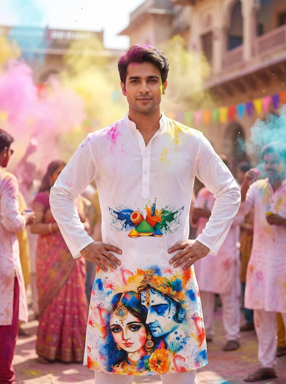Holi Print Couple Kurta Combo