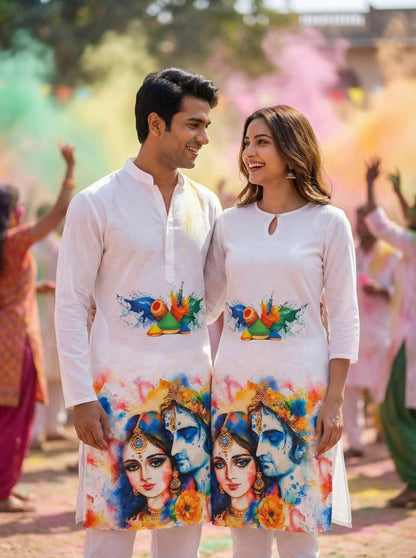 Holi Print Couple Kurta Combo