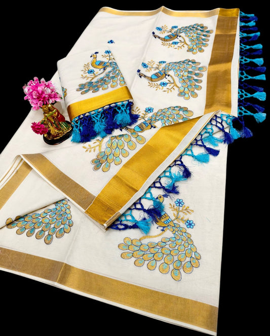 Kerala Saree with Embroidery in 
Golden Zari