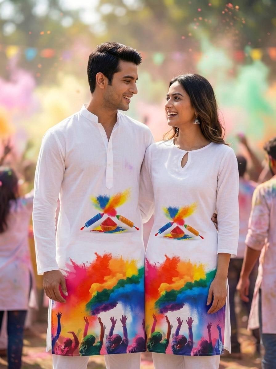 Holi Print Couple Kurta Combo