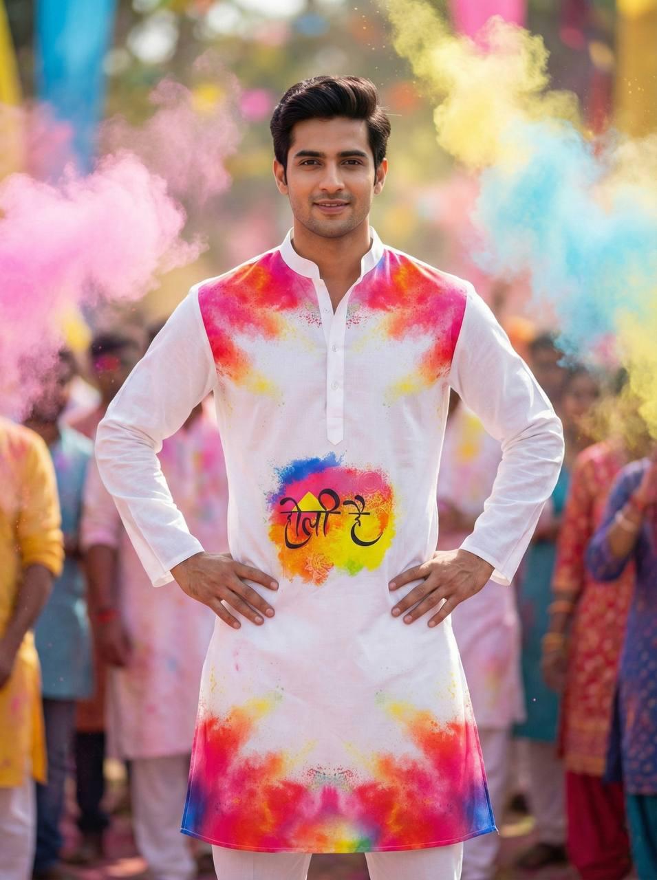 Holi Print Couple Kurta Combo