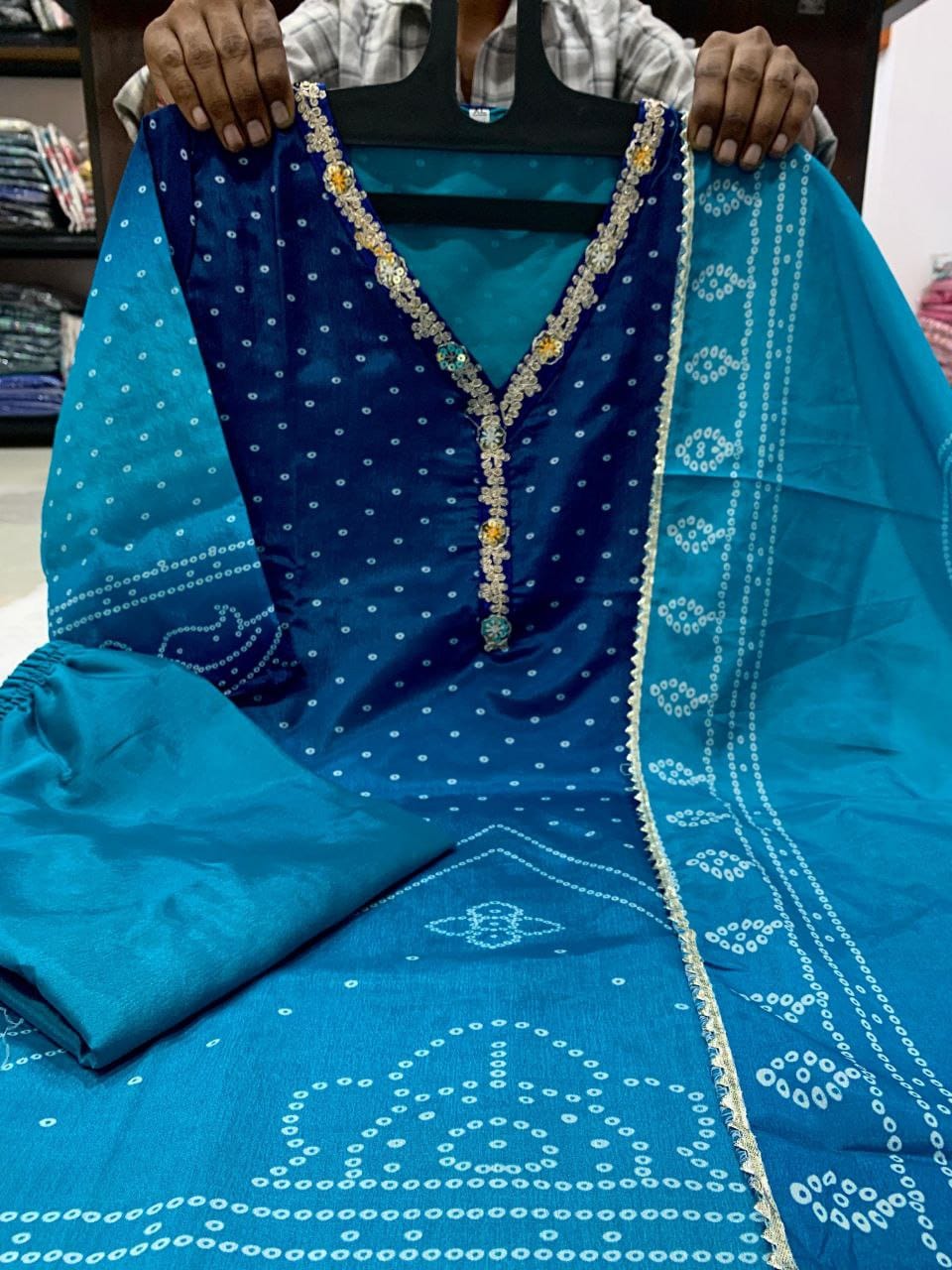 Bandhani Chinon Silk Readymade Kurti Sets