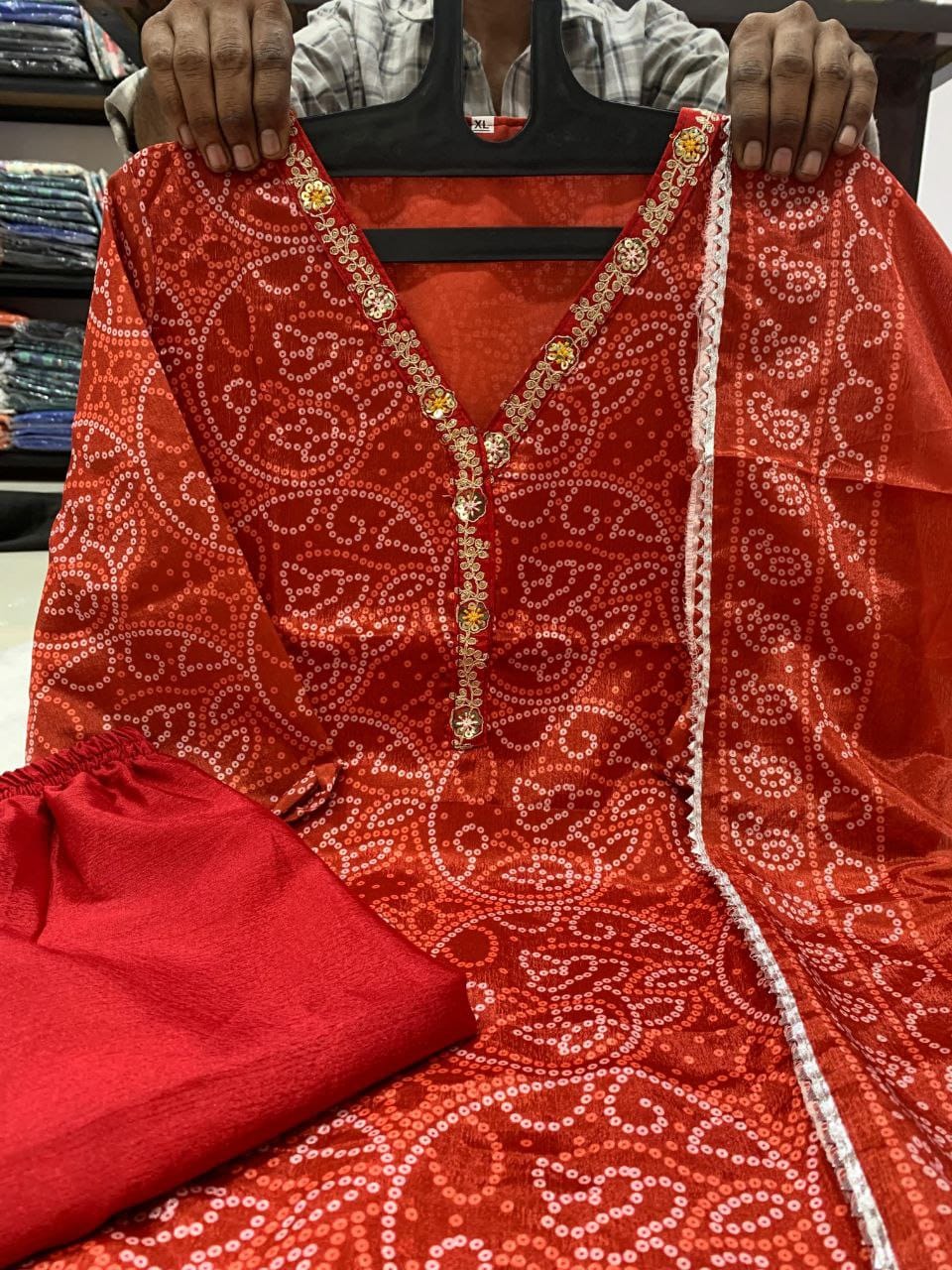 Bandhani Chinon Silk Readymade Kurti Sets