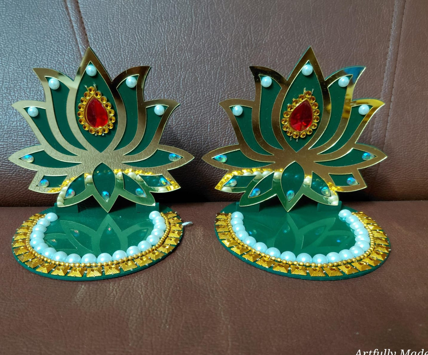 Acrylic Decorated Lotus Diya Stand in pair