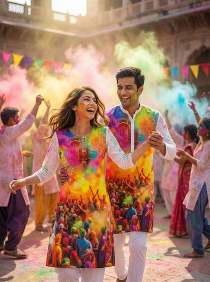 Holi Print Couple Kurta Combo