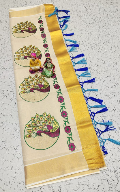 Kerala Saree with Embroidery in 
Golden Zari