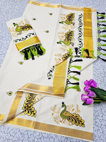 Kerala Saree with Embroidery in 
Golden Zari