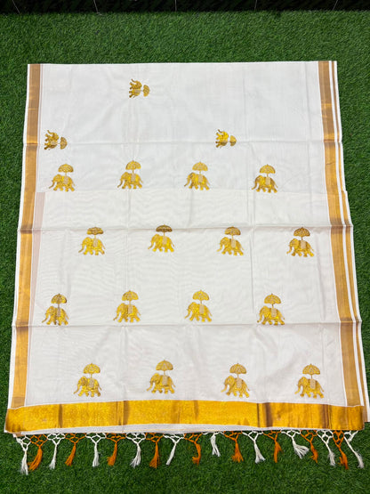 Kerala Saree with Embroidery in 
Golden Zari