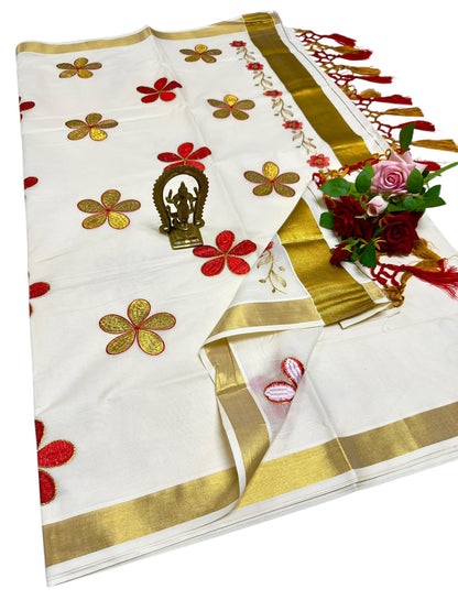 Kerala Saree with Embroidery in 
Golden Zari