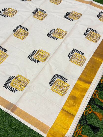 Kerala Saree with Embroidery in 
Golden Zari