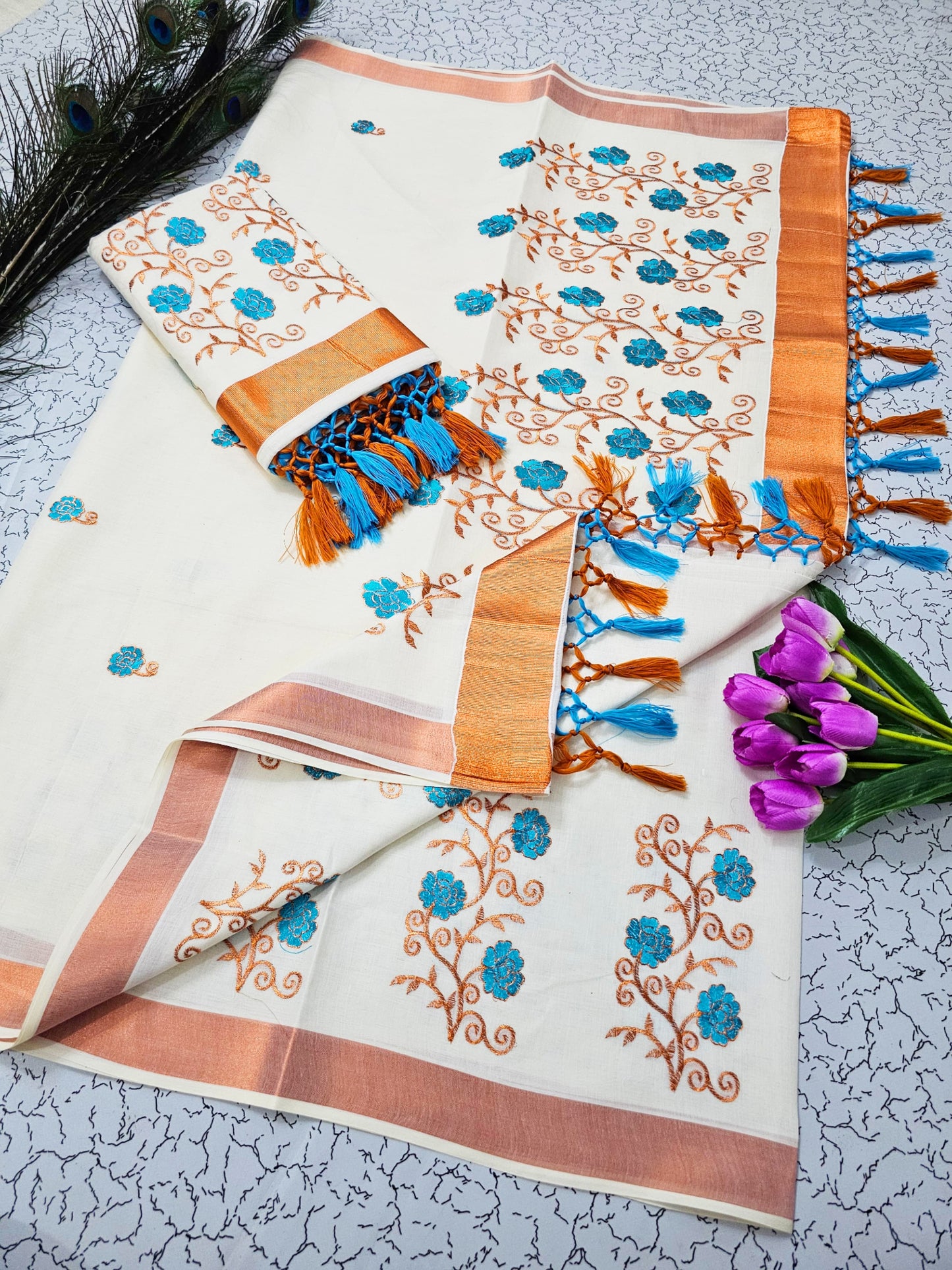 Kerala Saree with Embroidery in 
Copper zari