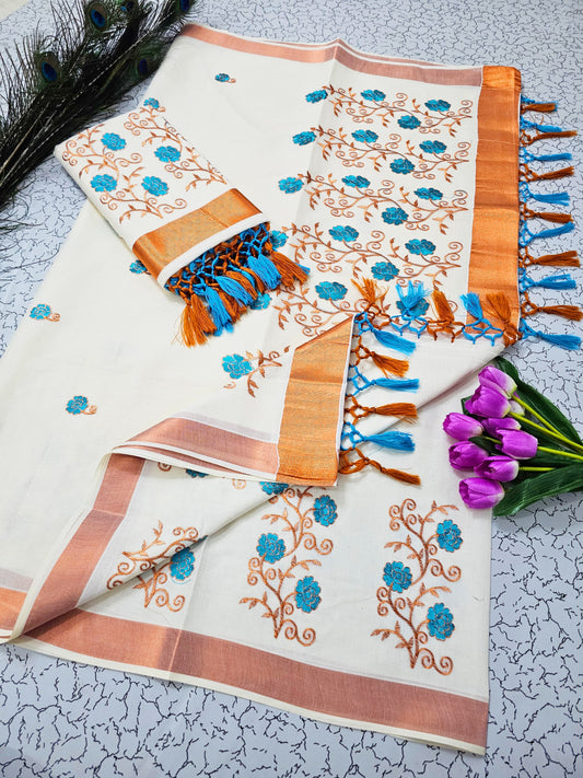 Kerala Saree with Embroidery in 
Copper zari