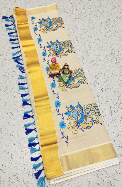 Kerala Saree with Embroidery in 
Golden Zari