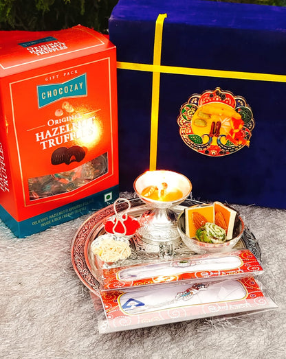 German Silver Rakhi Aarti Thali Combo