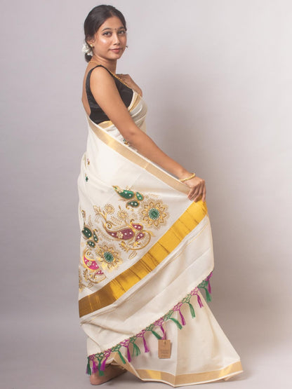 Kerala Saree with Embroidery in 
Golden Zari