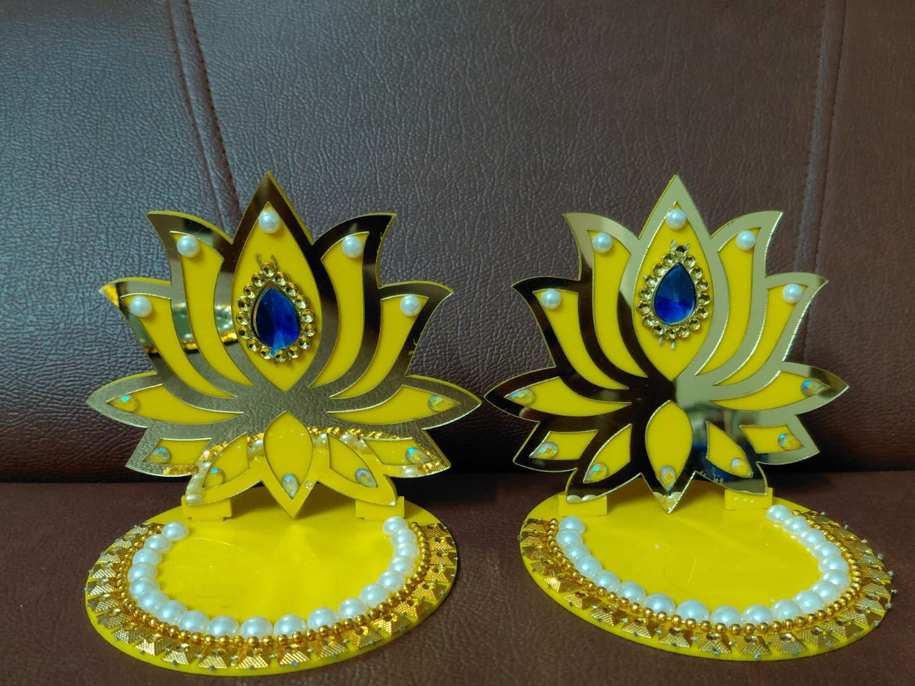 Acrylic Decorated Lotus Diya Stand in pair