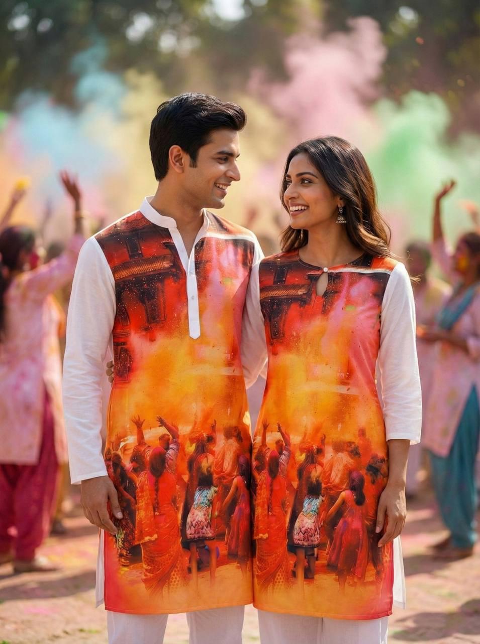 Holi Print Couple Kurta Combo