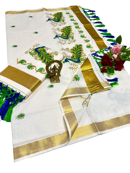Kerala Saree with Embroidery in 
Golden Zari