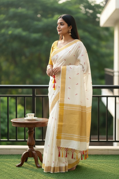 Kerala Saree with Embroidery in 
Golden Zari