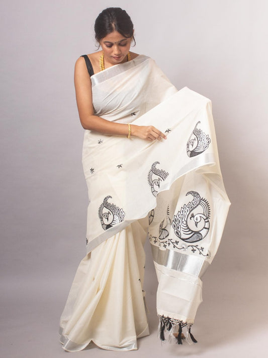 Kerala Saree with Embroidery in Silver Zari