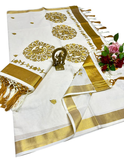 Kerala Saree with Embroidery in 
Golden Zari